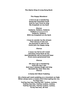 The Alpine Sing-A-Long Song Book the Happy Wanderer I Love to Go A