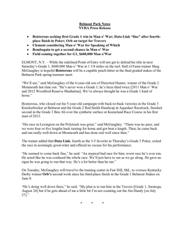 Belmont Park Notes NYRA Press Release • Boisterous