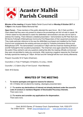 Minutes of the Meeting of Acaster Malbis Parish Council Held on Monday 9 October 2017 at 7:30Pm in the Acaster Malbis Memorial Hall