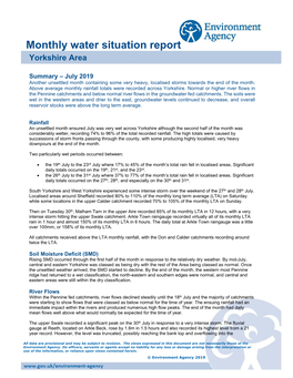 Monthly Water Situation Report Yorkshire Area