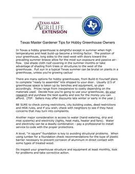 Texas Master Gardener Tips for Hobby Greenhouse Owners