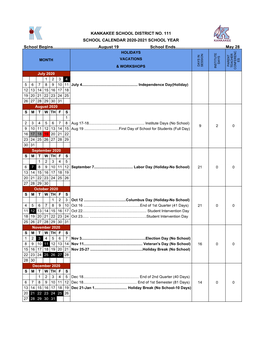 SCHOOL CALENDAR 2020-2021 SCHOOL YEAR School Begins