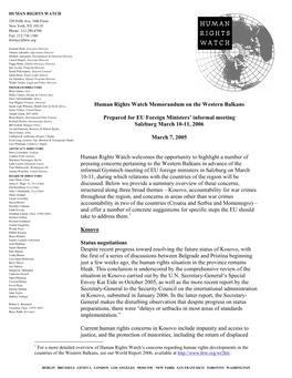 Human Rights Watch Memorandum on the Western Balkans Prepared