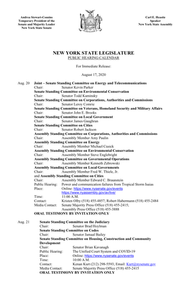 New York State Legislature Public Hearing Calendar