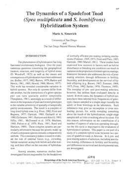 The Dy Amics of a Spadefoot T Ad (Spea Multiplicata and S. Bombifrons) Hy Ridization System