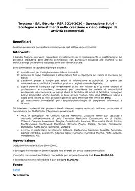 Toscana – GAL Etruria - PSR 2014-2020 – Operazione 6.4.4 – Sostegno a Investimenti Nella Creazione E Nello Sviluppo Di Attività Commerciali