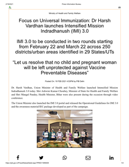 Dr Harsh Vardhan Launches Intensified Mission Indradhanush (IMI) 3.0