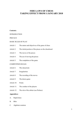 Fide Laws of Chess Taking Effect from 1 January 2018