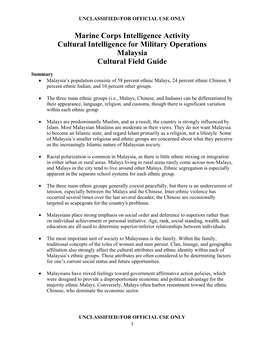 Marine Corps Intelligence Activity Cultural Intelligence for Military Operations Malaysia Cultural Field Guide