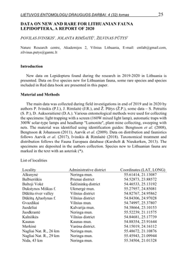 Data on New and Rare for Lithuanian Fauna Lepidoptera, a Report of 2020
