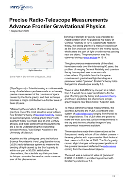 Precise Radio-Telescope Measurements Advance Frontier Gravitational Physics 1 September 2009