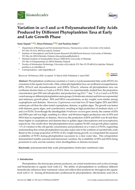 Variation in Ω-3 and Ω-6 Polyunsaturated Fatty Acids Produced by Diﬀerent Phytoplankton Taxa at Early and Late Growth Phase
