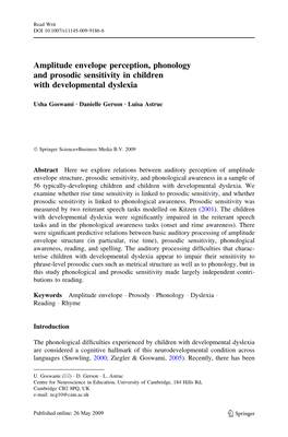 Amplitude Envelope Perception, Phonology and Prosodic Sensitivity in Children with Developmental Dyslexia