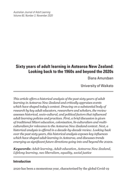 Sixty Years of Adult Learning in Aotearoa New Zealand: Looking Back to the 1960S and Beyond the 2020S Diana Amundsen