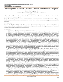 Development Situation of Rural Tourism in Samarkand Region Ostonov Utkir Yangiboyevich Reseacher of Samarkand Institute Ofeconomics and Service, Uzbekistan