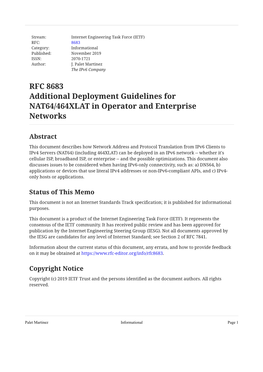 RFC 8683: Additional Deployment Guidelines for NAT64/464XLAT In