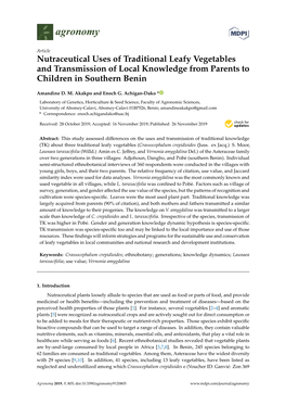 Nutraceutical Uses of Traditional Leafy Vegetables and Transmission of Local Knowledge from Parents to Children in Southern Benin