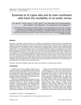 Essential Oil of Lippia Alba and Its Main Constituent Citral Block the Excitability of Rat Sciatic Nerves