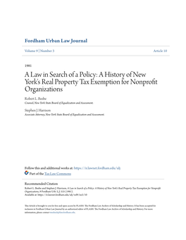 A Law in Search of a Policy: a History of New York's Real Property Tax Exemption for Nonprofit Organizations Robert L