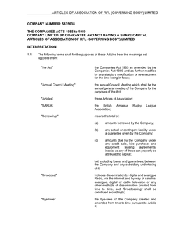 Articles of Association of Rfl (Governing Body) Limited