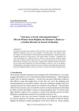 “You Have a Lovely and Unusual Name.” Mrs De Winter from Daphne Du Maurier’S Rebecca – a Gothic Heroine in Search of Identity