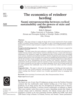 The Economics of Reindeer Herding Saami Entrepreneurship Between Cyclical 522 Sustainability and the Powers of State and Oligopolies Erik S