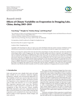 Research Article Effects of Climate Variability on Evaporation in Dongping Lake, China, During 2003–2010