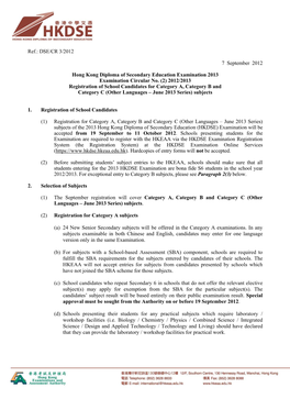 Hong Kong Diploma of Secondary Education Examination 2013 Examination Circular No