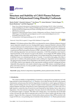 Structure and Stability of C:H:O Plasma Polymer Films Co-Polymerized Using Dimethyl Carbonate