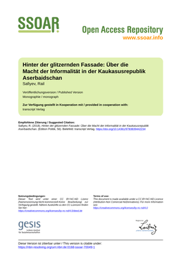 Hinter Der Glitzernden Fassade: Über Die Macht Der Informalität in Der Kaukasusrepublik Aserbaidschan Safiyev, Rail