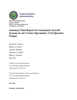 Summary Final Report for Unmanned Aircraft Systems in Air Carrier Operations: UAS Operator Fatigue