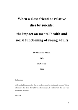 When a Close Friend Or Relative Dies by Suicide: the Impact on Mental Health and Social Functioning of Young Adults