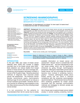 Screening Mammography; Anxiety and Pain Associated, an Experience at Benazir Bhutto Hospital