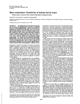 Mass Extinctions: Sensitivity of Marine Larval Types (Permian-Triassic, Cretaceous-Tertiary Extinctions/Bolide Impact/Developmental Strategy) JAMES W