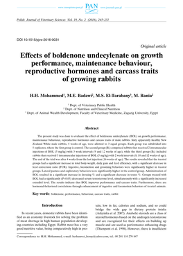 Effects of Boldenone Undecylenate on Growth Performance, Maintenance Behaviour, Reproductive Hormones and Carcass Traits of Growing Rabbits