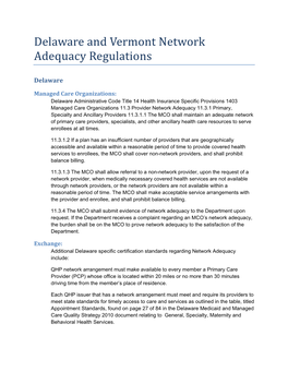 Delaware and Vermont Network Adequacy Regulations