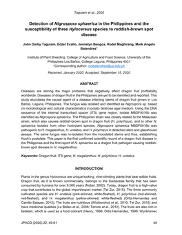 Detection of Nigrospora Sphaerica in the Philippines and the Susceptibility of Three Hylocereus Species to Reddish-Brown Spot Disease