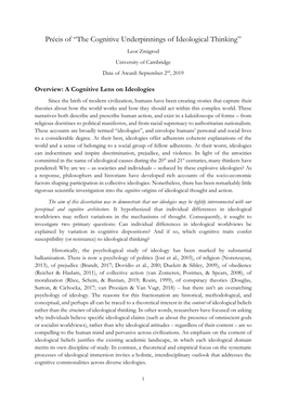 Précis of “The Cognitive Underpinnings of Ideological Thinking” Leor Zmigrod University of Cambridge Date of Award: September 2Nd, 2019