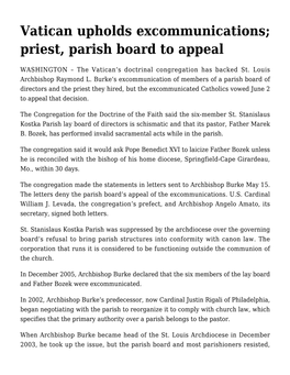 Vatican Upholds Excommunications; Priest, Parish Board to Appeal