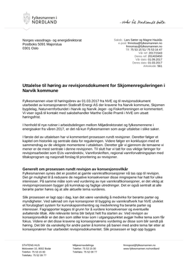Uttalelse Til Høring Av Revisjonsdokument for Skjomenreguleringen I Narvik Kommune