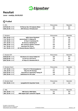 Rezultati Jucer - Nedelja, 26.09.2021