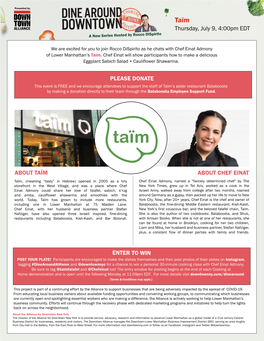 Thursday, July 9, 4:00Pm EDT ABOUT TAÏM ABOUT CHEF EINAT