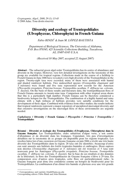 Diversity and Ecology of Trentepohliales (Ulvophyceae, Chlorophyta) in French Guiana