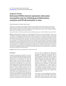 Original Article Decreased HCN2 Channel Expression Attenuates Neuropathic Pain by Inhibiting Pro-Inflammatory Reactions and NF-Κb Activation in Mice