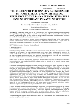 The Concept of Personality As Expounded in Tamil Literature (With Special Reference to the Sanka Period Literature Inna Narpathu and Iniyavai Narpathu