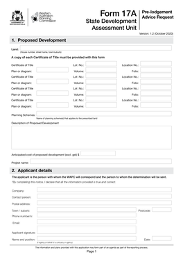 Form 17A Advice Request State Development Assessment Unit Version: 1.2 (October 2020) 1