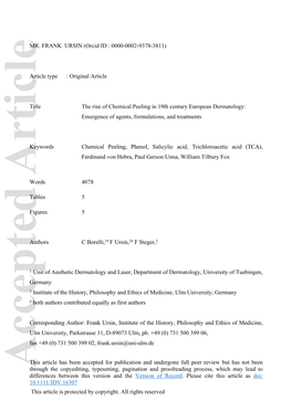 The Rise of Chemical Peeling in 19Th Century European Dermatology: Emergence of Agents, Formulations, and Treatments