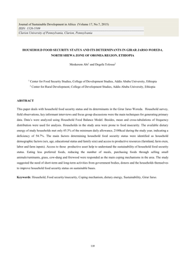 HOUSEHOLD FOOD SECURITY STATUS and ITS DETERMINANTS in GIRAR JARSO WOREDA, NORTH SHEWA ZONE of OROMIA REGION, ETHIOPIA Meskerem