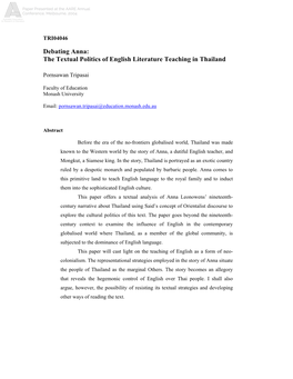 Debating Anna: the Textual Politics of English Literature Teaching in Thailand