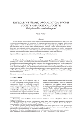 THE ROLES of ISLAMIC ORGANIZATIONS in CIVIL SOCIETY and POLITICAL SOCIETY: Malaysia and Indonesia Compared